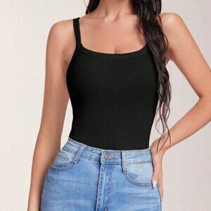 Black Casual Womens Women's Solid Color Ribbed Cami Bodysuit